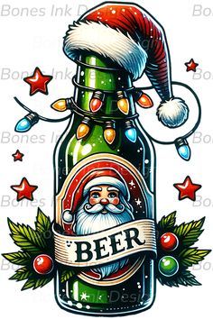 a beer bottle with santa claus on it and christmas decorations around the neck, as well as