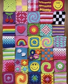 crocheted squares with smiley faces on them