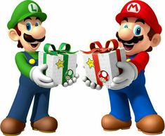 mario and luigi are giving each other a gift