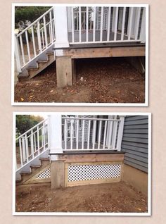 two pictures of steps leading up to a porch with white railings and handrails