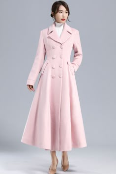 Women's Winter Double Breasted Wool Coat in Pink 3240 Formal Winter Coats For Women, Pink Cape Coat, Pink Dress Coat, Colorful Coats For Women, Princess Winter Coat, Woman Winter Coat, Pink Pea Coat Outfit, Winter Wool Coat With Stand Collar, Single Breasted, Elegant Long Wool Coat With Double-breasted Button