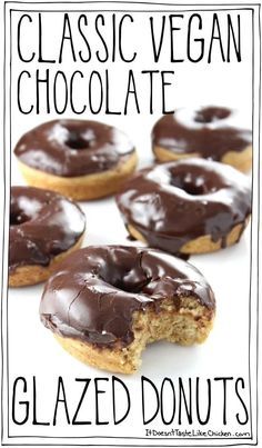 chocolate glazed doughnuts with the words classic vegan chocolate glazed donuts