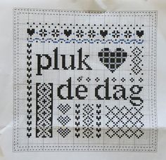 a cross stitch pattern with the words pink dedag written in black and white