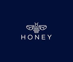 the honey logo on a dark blue background with white letters and a bee in the center