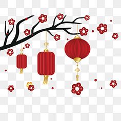 red lanterns hanging from a tree branch with flowers and branches in the foreground, on a transparent background