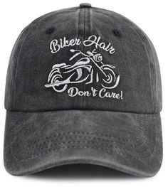 a black hat with the words biker hair don't care on it