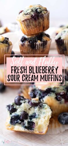 fresh blueberry sour cream muffins stacked on top of each other with text overlay