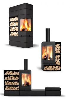 three different types of stoves with firewood in the middle and on each side