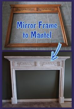 a mirror frame to mantel with blue tape on the top and bottom, in front of a fireplace