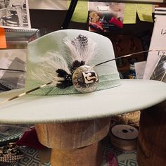 Lovely Hand Designed Green Felt Fedora With Brown And White Feather Accents. It Has A Quill And Silver Highlights. Womens Ball Caps, Angel Accessories, Kangol Hats, Burton Women, Silver Highlights, Felt Fedora, Blue Tulle, White Feather, Strapback Hats