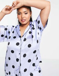 Plus-size pajama set by PIECES Includes a shirt and a pair of pants All-over spot print Regular shirt Camp collar Button placket Relaxed pants High rise Contrast piping Simple Earring Designs, Satin Pyjama, Satin Pajama Set, Relaxed Pants, Relaxed Trousers, Plus Size Pajamas, Satin Pajama, Relax Pants, Revere Collar