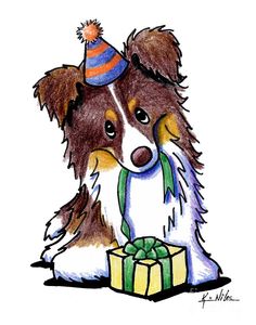 a drawing of a dog wearing a party hat and holding a present