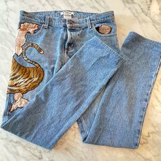 These Are Gorgeous Authentic Vintage 2003 By Stella Mccartney Chlo Silk Tiger And Floral Embroidery Low Rise Jeans. Very High Quality Denim With Little Stretch. The Details Are Absolutely Gorgeous And So Unique. These Are In Very Great Used Condition With Minor Pulling At Design (Shown In Photos). Low Rise Vintage Jeans, Tiger Jeans, Ed Hardy Tiger Jeans, Cotton Graphic Tee With Tiger Print, Vintage Tiger Shirt, Tiger Design, Low Rise Jeans, Design Show, Vintage Colors