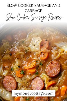 slow cooker sausage and cabbage soup recipe in a pot with title text overlay