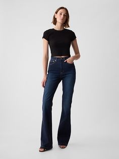 High Rise '70s Flare Jeans Ultra High Rise Flare Jeans, Ultra High Rise Jeans Outfit, Super High Rise Jeans, Flare Jeans Petite Women, Flared Jeans High Waisted, Pants And Boots Outfit, Jeans Mid Size, Modern 70s Fashion, High Rise Jeans Outfit