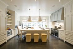 a kitchen with white cabinets and yellow stools