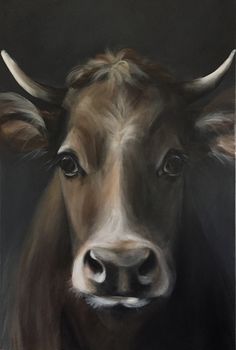 a painting of a brown cow with horns