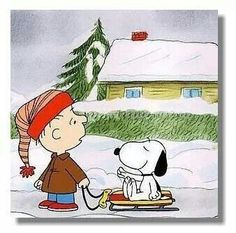 a charlie brown cartoon with a dog on a sled in front of a house