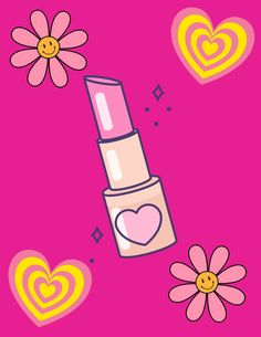 a pink lipstick with hearts and flowers in the background