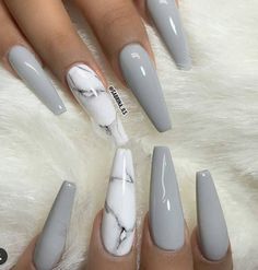 Marble Acrylic Nails, Grey Nail, Grey Nails, Grey Nail Designs, French Pedicure, Coffin Nails Long, Acrylic Nails Coffin