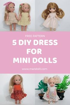 five doll dresses for mini dolls with text overlay that reads, 5 diy dress patterns