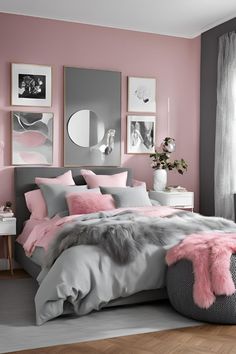 a bedroom with pink and grey decor in shades of gray, white, and pink