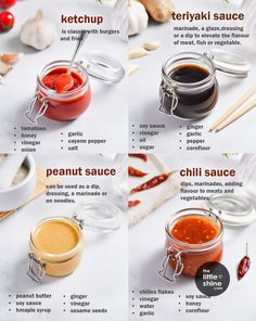 four different types of sauces on a table