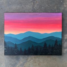 an acrylic painting of mountains and trees at sunset