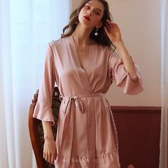 Solid Color V-Neck 3/4 Sleeve Ultra Soft Satin Sexy Kimono Robe Material: 95% Polyester. 5% Elastane Closure: Wrap Around Style With Soft-Tie Sleeve Length: 3/4-Sleeves Materials & Care: Machine Washable Size & Fit : Chest: 42"-43" Shoulder Width: 15"-16" Sleeve Length: 18.8" Perfect Gift For Her Spring Sleepwear With 3/4 Sleeves, Feminine V-neck Sleepwear For Night Out, Fall Pink, Comfort Home, Satin Kimono, Gown Style, Women's Pajamas, Pajama Robe, Fall Fabric