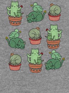 six green cats sitting in small cactus pots