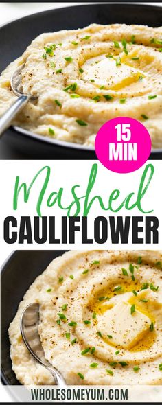 mashed cauliflower in a skillet with text overlay