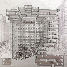 an architectural drawing of a building with many windows and balconies on each floor