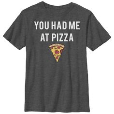 The Lost Gods You Had Me at Pizza Heather Charcoal T-Shirt is here to convince you to start seeing things from a cheesy point of view! A piece of pepperoni pizza sits below "You Had Me at Pizza" printed on the front of this funny pizza shirt. Size: xl. Color: charcoal/heather. Gender: male. Age Group: kids. Material: Cotton. Pizza T Shirt, Pizza Tee, Funny Pizza, Pizza Tshirt, Pizza Shirt, Pizza Funny, Kids Clothes Boys, Boy Tees, Pepperoni Pizza