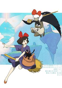 two anime characters flying in the air with cats on their backs and one holding a cat's tail