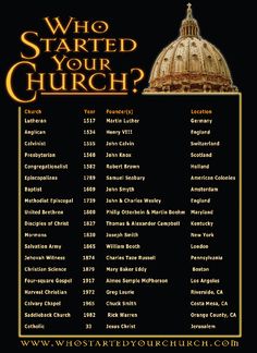 the church's who started your church? poster is shown in gold and black