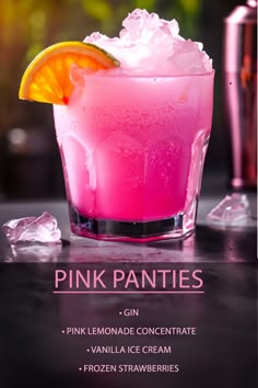 a pink cocktail with an orange slice on the rim