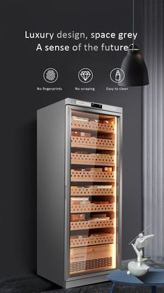 an image of a wine cooler with the words luxury design space grey, a sense of the future?