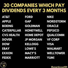 the 30 companies which pay dividers every 3 months info graphic by mike gordit