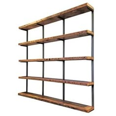 a wooden and metal shelving unit against a white background with no one in it