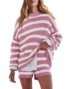 PRICES MAY VARY. LOUNGEWEAR SET-The soft, warm knit fabric of these lounge sets for women makes pajamas for women set ideal for layering or wearing on their own. Two piece loungewear sets are incredibly comfortable and fashionable SWEATER SET-The top of the casual outfits for women features a scoop neck, dropped shoulders, dolman sleeves, and an oversized style. Womens trousers of lounge sets for women 2 piece with a ribbed waistband and effortless pull-on style SIZE-This womens loungewear set i Pink Relaxed Fit Sweater For Loungewear, Pink Cotton Loungewear Sweater, Pink Cotton Matching Set Sleepwear, Pink Cotton Sleepwear Matching Set, Cozy Pink Loungewear Sets, Sweater Sets Womens, Two Piece Loungewear, Oversize Outfit, Womens Loungewear Sets