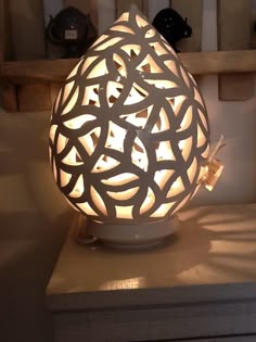 an egg shaped lamp sitting on top of a table