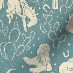 an image of cowboy boots and horses on a blue background with stars, hearts, and cactuses