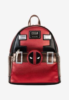 Deadpool's suit is recognizable and with the added glitter, it'll be a perfect piece to take to Disneyland or any Comic Book Conventions.FABRIC: Faux LeatherBackpack is modeled after Deadpool's suit with glitter to give it a more metallic look. Deadpool logo on back of backpack. The red color on the suit has a debossed pattern.Main compartment opens with a double zipper. Front zipper pouch pocket and two side slot pockets.Interior lining features Deadpool Icons. Zippers and zipper tabs are silve Deadpool Backpack, Deadpool Suit, Deadpool Mask, Deadpool Logo, Deadpool Cosplay, Marvel Merchandise, Backpack Gift, Mini Mochila, Loungefly Bag