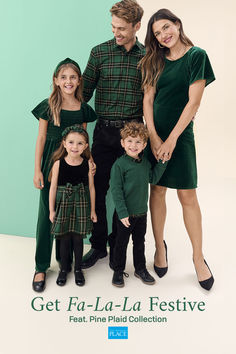 a family posing for a photo in front of a green background with the words get fa - la - la festive