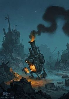 a cartoon character is standing in front of a pile of rubble with a lit lantern