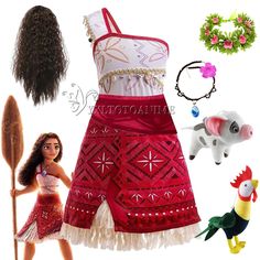 the doll is wearing a red and white dress with fringes on it's skirt