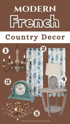 the modern french country decor is featured in this postcard style photo with text that reads modern french country decor