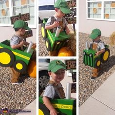 a collage of photos shows a young boy in a tractor costume, riding on a toy