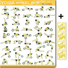 the yoga wheel stickers are yellow and black, with an image of people doing different exercises