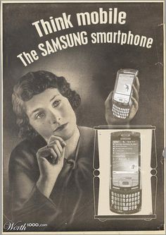 an advertisement for the samsung smart phone with a woman holding a cell phone in her hand